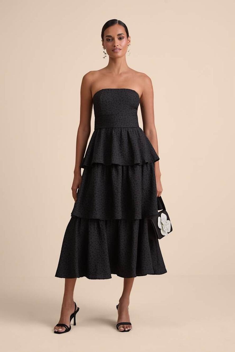 NWT Lulus Truly Marvelous Black Jacquard Strapless Tiered Midi Dress Gala Sz XXL